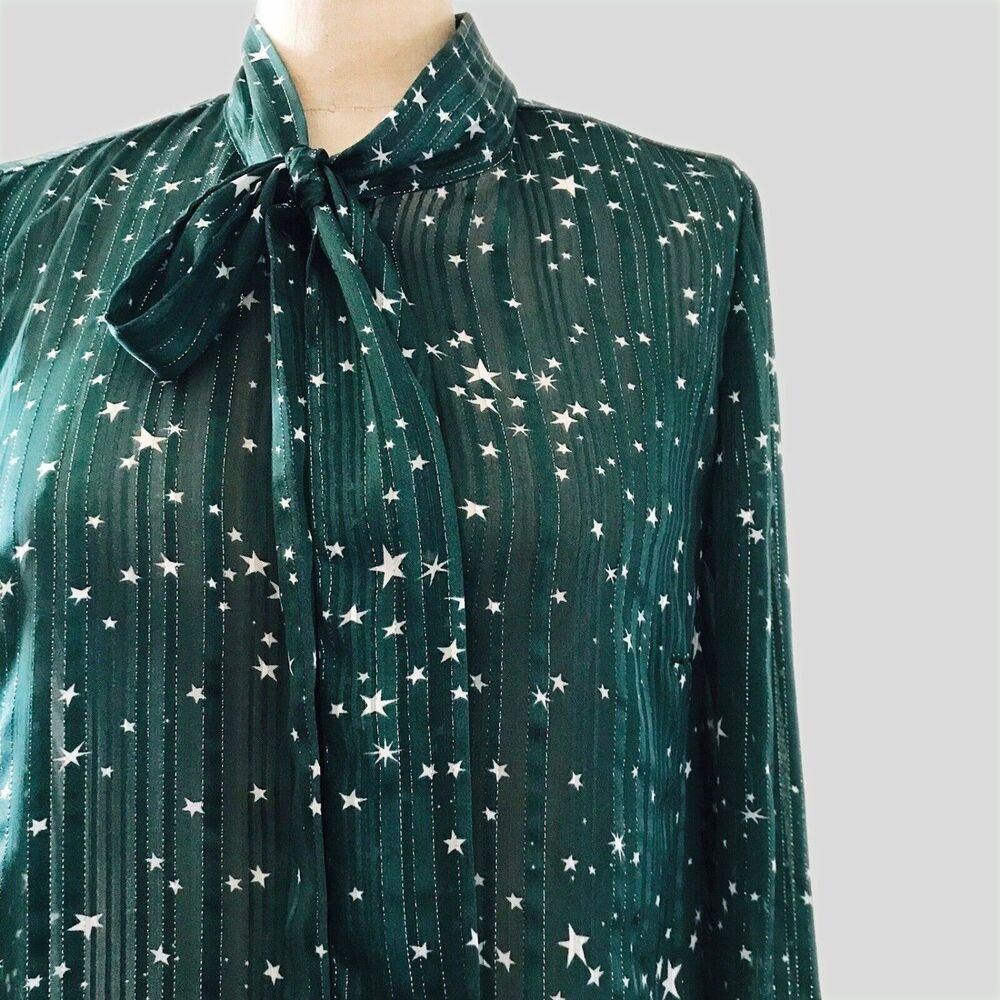 Modcloth Green Star Print Long Sleeve Pussybow Retro Blouse Semi Sheer Top S